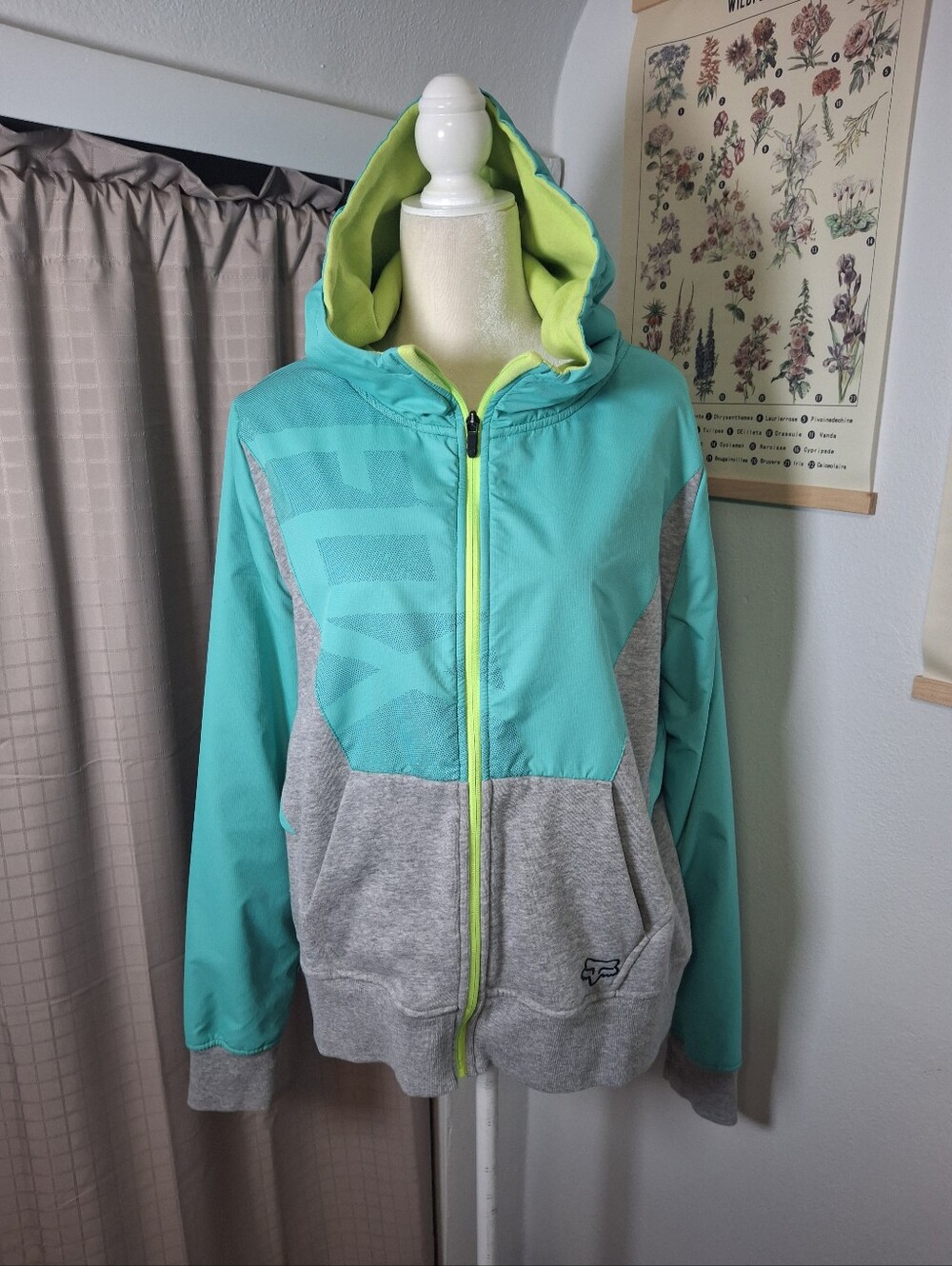 Fox Racing Full Zip Hooded Jacket Teal Gray Green Vented Pockets Logo Size XL